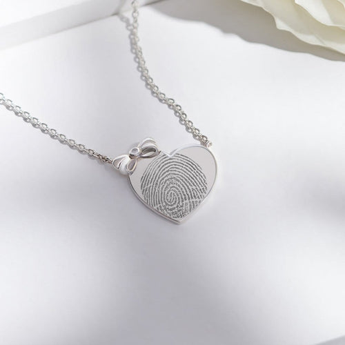 EverWith Engraved Heart and Bow Fingerprint Memorial Necklace with Fine Crystal